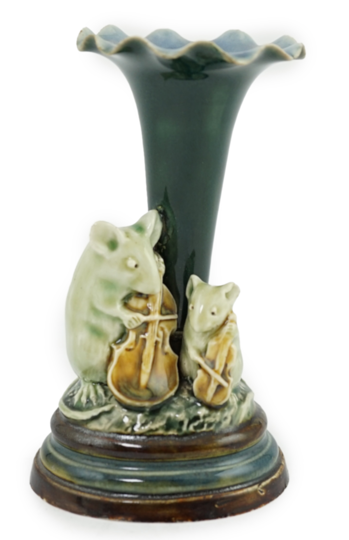 George Tinworth for Doulton Lambeth, a violinist mouse group spill vase, c.1890